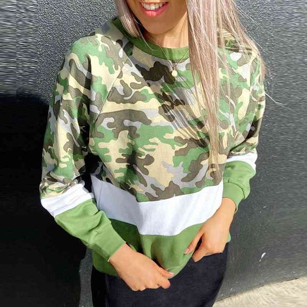 

women camouflage print hoodies fashion color matching patchwork o-neck long sleeve sweatshirt autumn casual loose pullovers 210526, Black