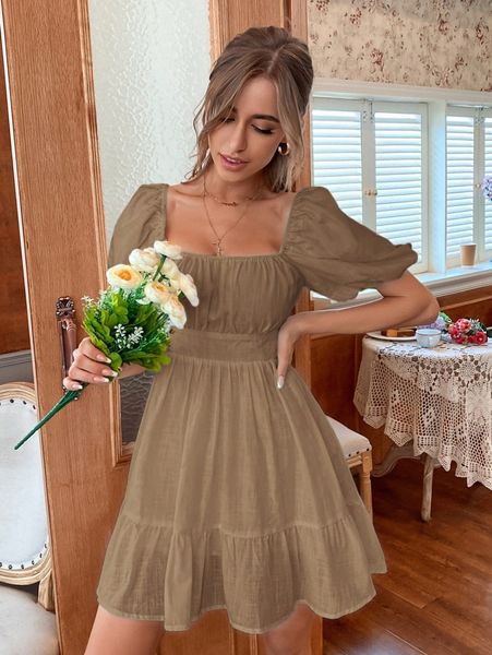 

solid tie back flounce hem dress b6za#, Black;gray