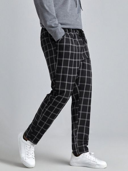 

extended sizes men plaid print drawstring waist pants j0gx#, Black