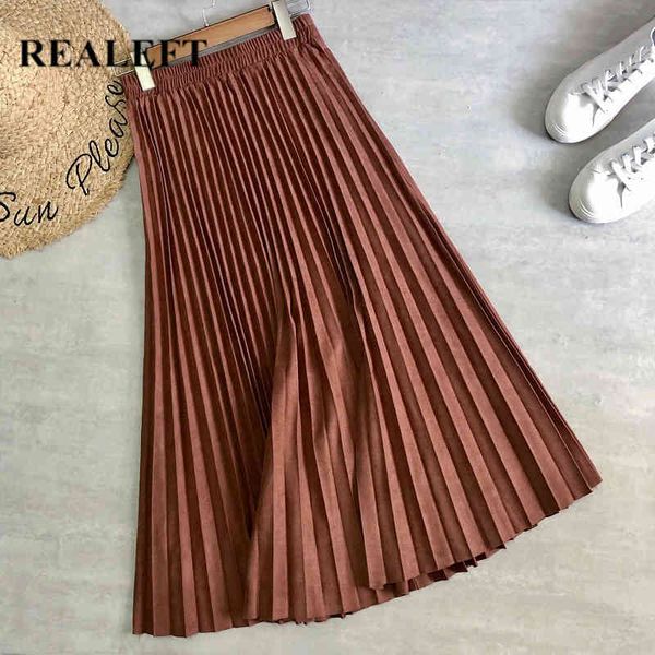 

autumn winter suede long skirts high waist women's pleated minimalist solid elegant female ladies 210428, Black