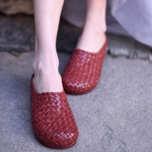 

slippers artmu original retro genuine leather handmade women weave closed toe soft sole flat outside wear beach 903--3, Black