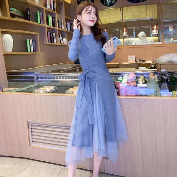 

women's tracksuits two piece set autumn winter women long sleeve knitted sweater dress + elastic mesh skirt suit sets 2, Gray