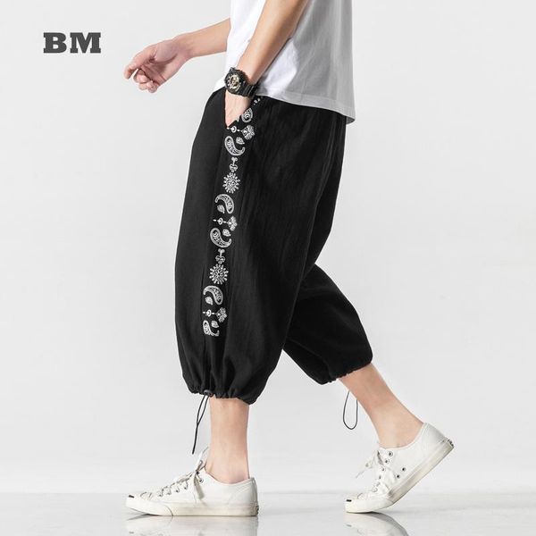 

men's pants 2021 summer thin cashew nut print plus size harem cropped trousers japanese streetwear harajuku casual men clothing, Black