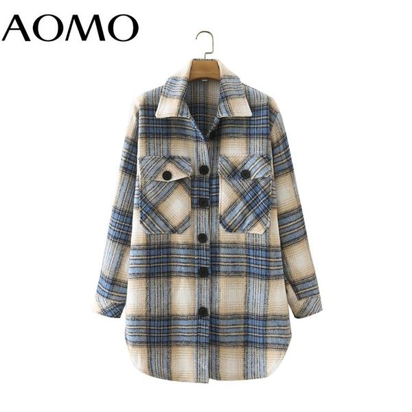 

women's jackets aomo women blue plaid thick woolen coats jacket oversized pocket 2021 ladies elegant autumn winter coat 2m142a, Black;brown