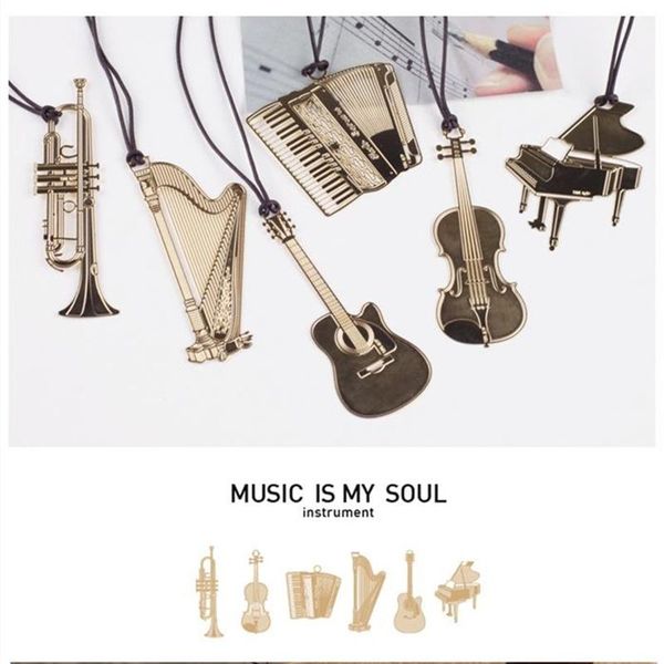 

bookmark 6pcs music metal gold color musical instrument piano violin harp guitar bookmarks book marker office school a6832