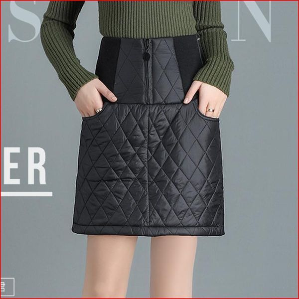 

women 2021 autumn winter high waist a-line skirts female casual pockets solid color ladies wadded cotton mini j14, Black