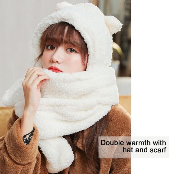 

women winter 2 in 1 hooded hat scarf shawl soft faux fur neckwarmer hoodie outdoor hats, Black;white