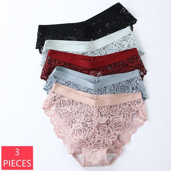 

women's panties 3pcs breathable seamless underwear lace female lingerie sweet cotton briefs transparent ladies underpants, Black;pink