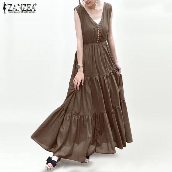 

summer sleeveless sundress zanzea women casual v neck swing long tank dress 2021 ruffles pleated maxi vestidos holiday robe 5xl dresses, Black;gray