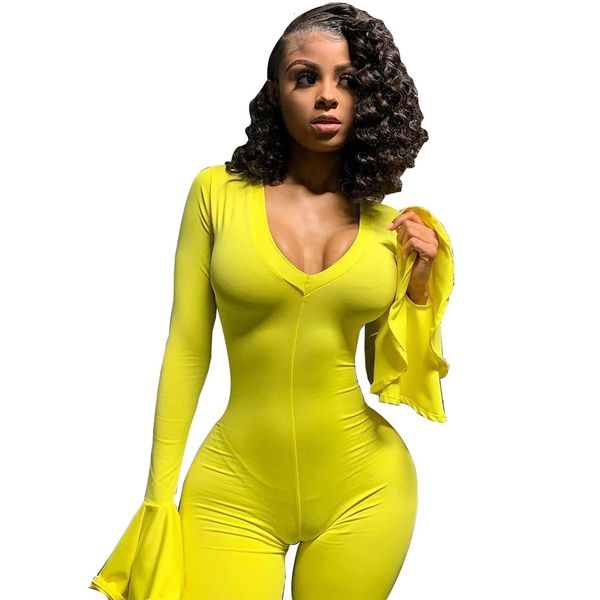 

sassy lady solid ny for nightcllub bar party deep v neck bell ruffles long sleeves women flare jumpsuits full length autu, Black;white