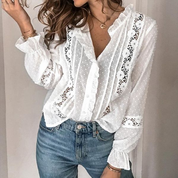 

elegant ruffle spring autumn white womens blouses lace hollow out crochet flower lantern sleeve shirts office work blouse