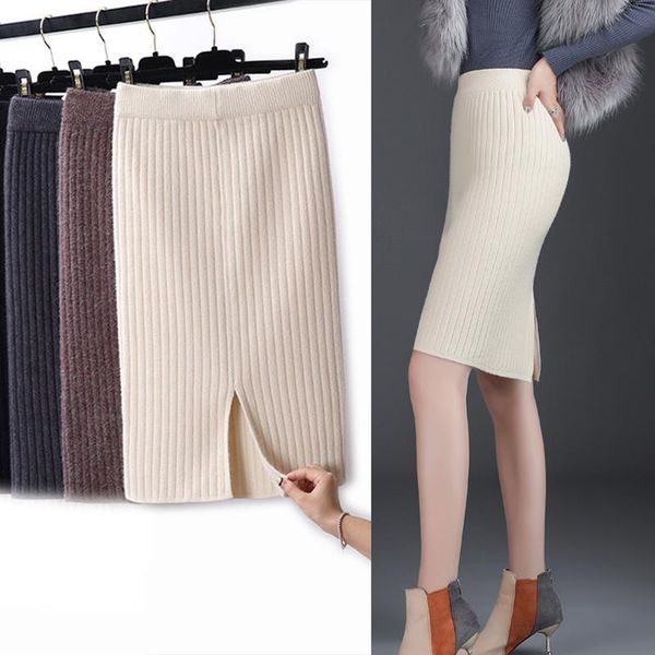 

spring autumn straight womens skirt knitted empire long black a line package hip split high waist ladies midi