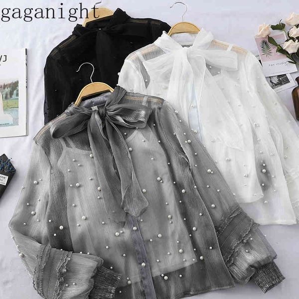 

gaganight fashion beading women blouse long sleeve bow collar elegant lady shirt solid chic blouses banquet blusas chiffon 210519, White
