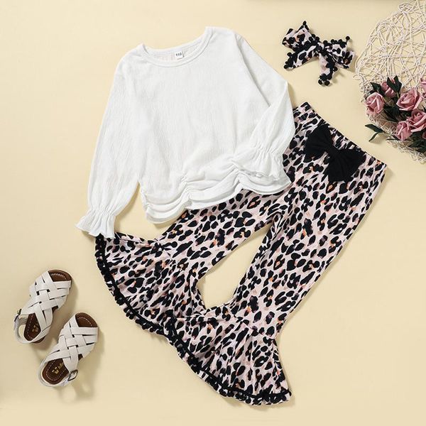 

clothing sets toddler baby girls 3pcs clothes set infant solid long sleeve o-neck pleated +leopard print flared trousers+headband, White