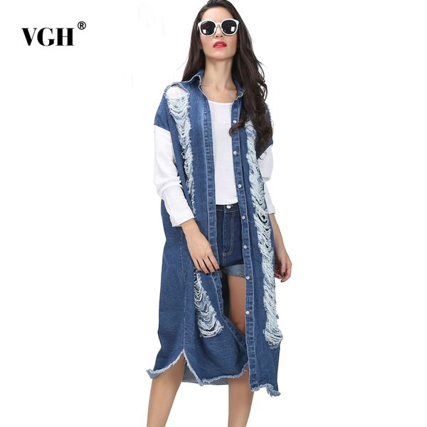 

vgh hole vintage trench for women lapel sleeve casual loose tassel denim long patchwork trenches female fashion clothes new 210421, Tan;black