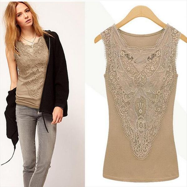 

summer casual lace crochet slim womens shirts sleeveless blusas feminina plus size, White