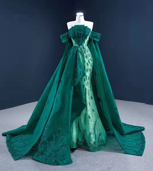 

100% real picture green luxury evening dresses with long wrap major beaded crystal formal prom party gown mermaid robe de soriee custom made, Black;red