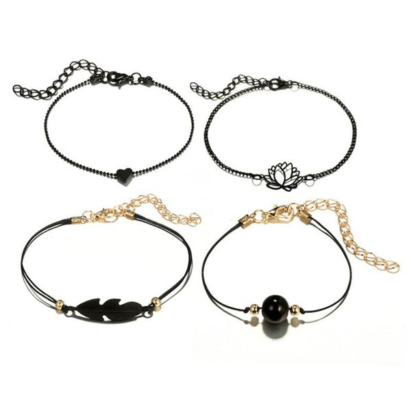 

charm bracelets sauvoo 4pcs/set vintage black heart lotus leaves angel for women boho multilayer chain bracelet femme set, Golden;silver