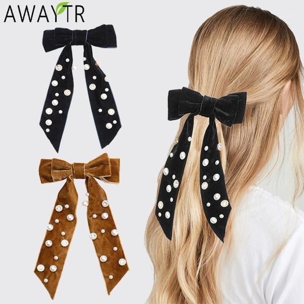 

velvet ribbon barrettes bows pearl crystal girls solid knot hair clips hairpins handmade accessories mujer headwear1
