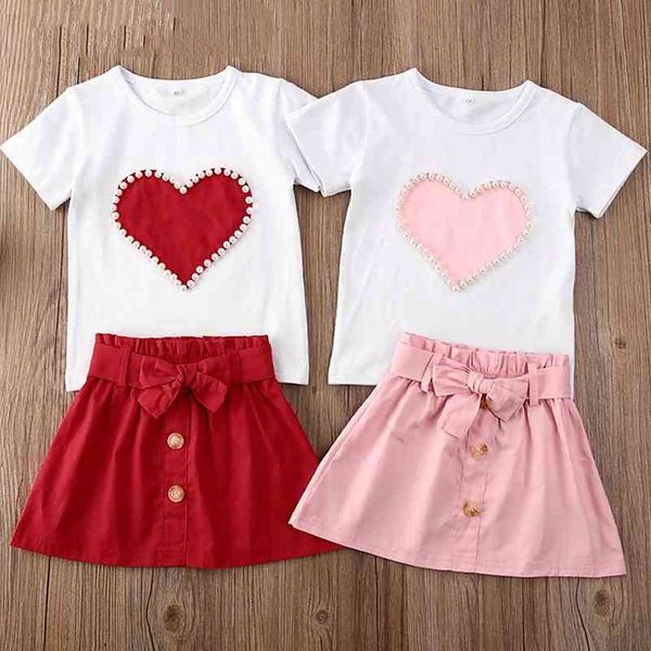 Abbigliamento estivo per bambina Love Pearl manica corta per bambini + gonna in puro colore Set di vestiti per bambina in 2 pezzi 210515