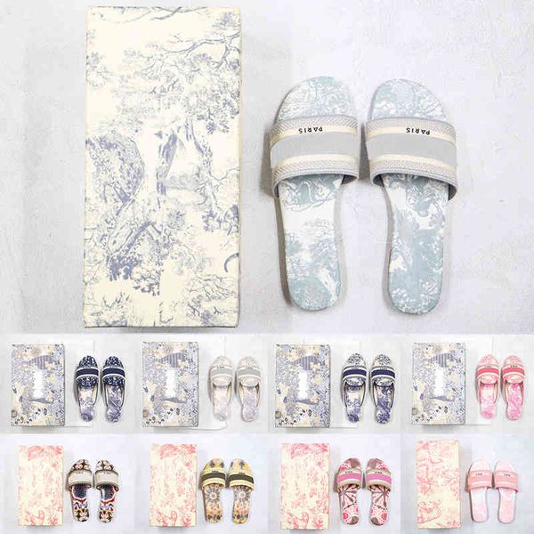 

wholesale [with box]preferential 2021 designers leather women slippers sandals denim summer flat outdoor beach ladies rainbow lettered desig, Black