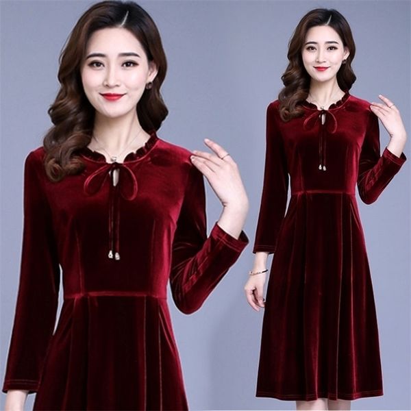 

gold velvet dress autumn retro temperament women's long-sleeved plus size pleated base office lady 210416, Black;gray