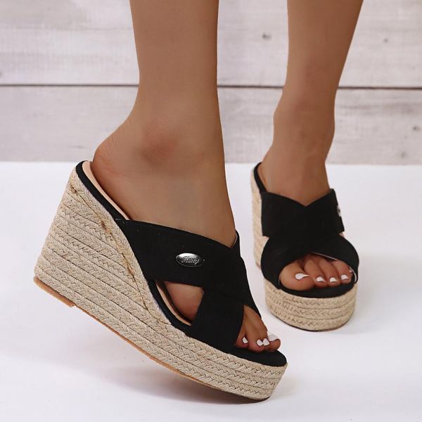 

slippers summer heels platform ladies leisure wedges sandals woman shoes women mules slipper, Black