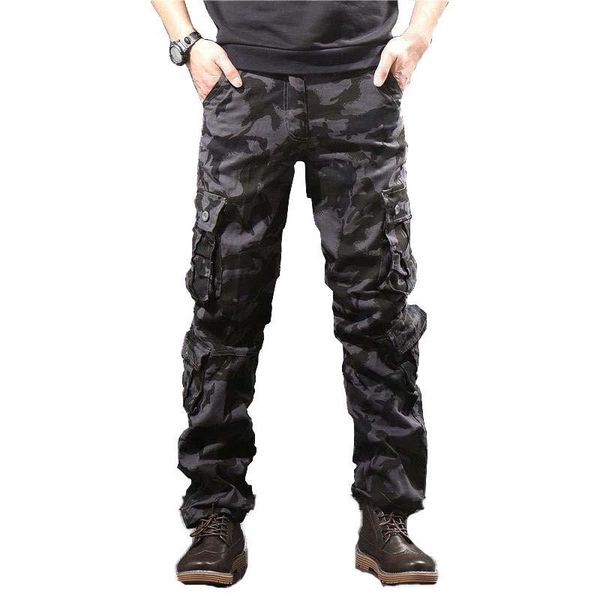 

men's pants military casual camo multi pockets tactical camouflage cargo hip hop joggers streetwear pantalon homme, Black