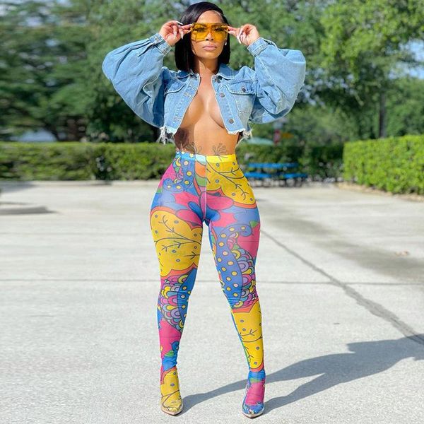 

women's leggings colorful cartoon printed sheer mesh women clothing high waist pants female clubwear summer 2021 drop, Black