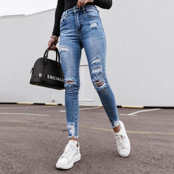 

women's jeans fashion vintage ripped hole pencil long pants solid women spring summer casual high waist slim denim trousers streetwears, Blue