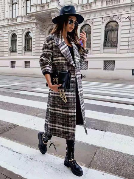 

women's wool & blends autumn winter office lady plaid casual long coat elegant lapel blazer women fashion single button pocket loose ou, Black