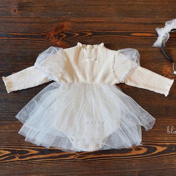 

spring sweet baby girls bodysuit patchwork mesh skirt puff sleeve princess bodysuit newborn baby girl jumpsuit clothes 210413, White