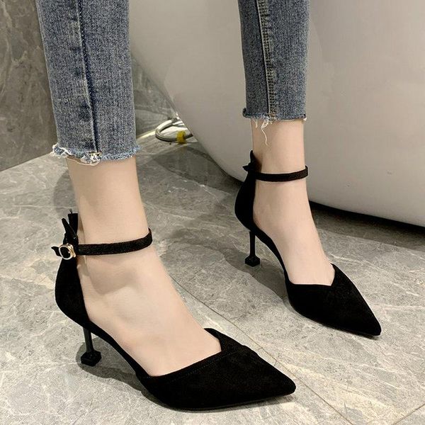 

summer single shoes pointed toe high-heeled suede buckle stiletto sandals baotou women's heels women dress, Black