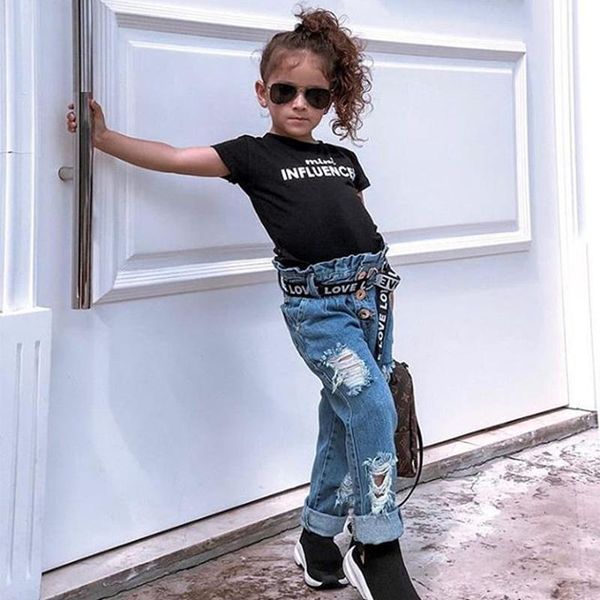 

clothing sets baby girl clothes for girls set autumn letter black + jeans with belt outfits 2pcs cool suit for2-6 age, White