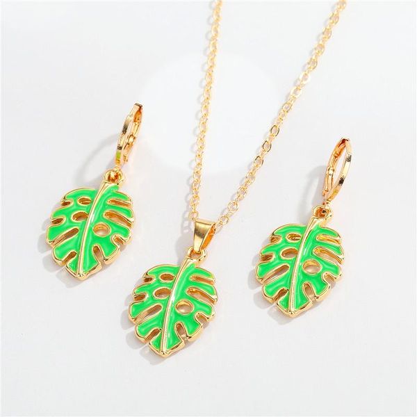 

hoop & huggie 1pair bohemia enamel green hollow leaves earrings for women jewelry set fashion leaf small necklace e751, Golden;silver