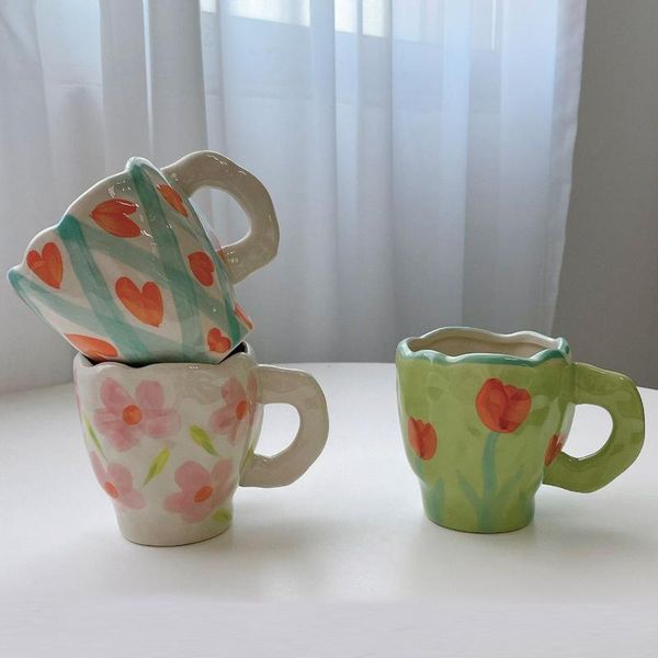 

mugs irregular nordic red flower ceramic coffee cup kitchen milk tea drinkware breakfast porcelain vintage mug 300ml