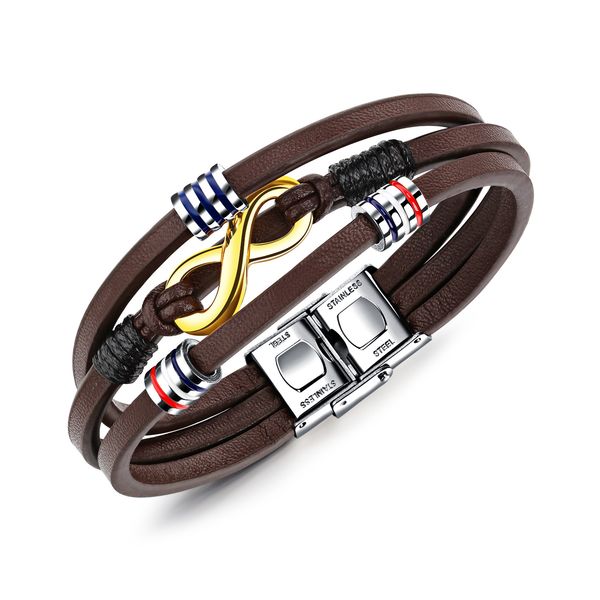 

mens classic vintage brown bracelet with stainless steel accessories multilayer leather handmade new punk buckle charm leather bracelets men, Golden;silver