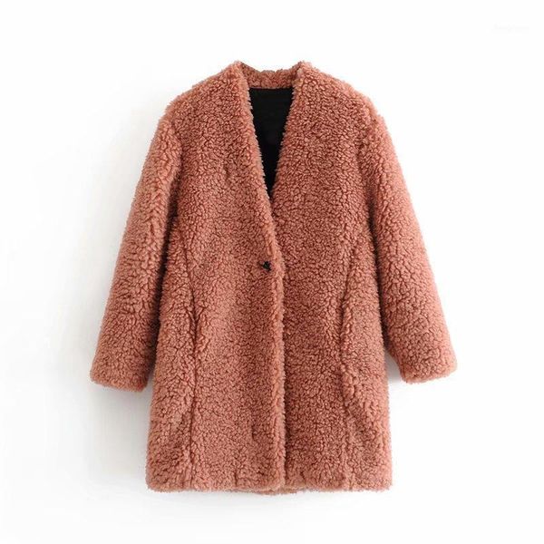 

elegant women grain cashmere overcoat 2021 winter fashion ladies v-neck long coat causal female streetwear solid loose outercoat women', Black