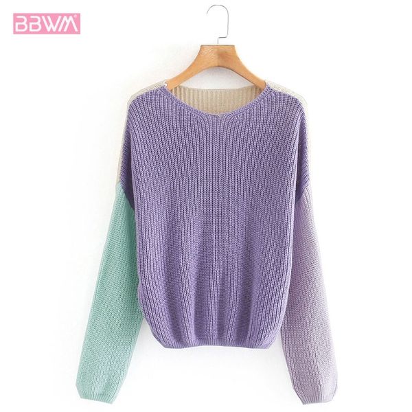 

color stitching pullover knitting women's sweater korean version harajuku round neck long sleeve loose female sweater 210507, White