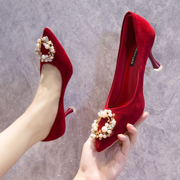

luxury dress shoes bride''s xiuhe wedding drs suede square buckle red high-heeled sho thin heel pointed head 2021, Black
