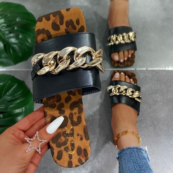 

slippers summer women pu leather unique chain decoration sandals flat heel shoespersonality fashion, Black