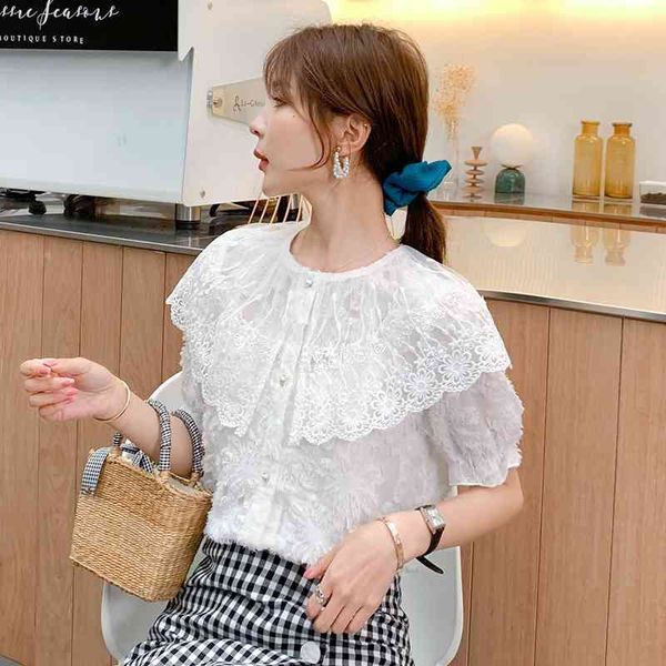

lace shirt chiffon women summer white ruffle blouses s blusas femininas elegante short sleeve blusa 59a 210420