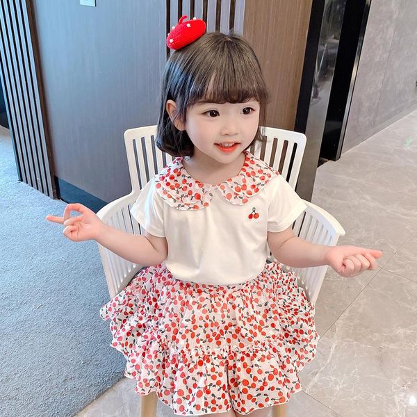 

clothing sets hylkidhuose summer girls children short sleeve lace chiffon t shirt skirt kids print princess vacation costume, White