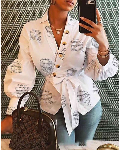 

women elegant lantern sleeve buttoned surplice wrap printed blouse female casual streetwear print shirt and blusas femme ropa 210415, White