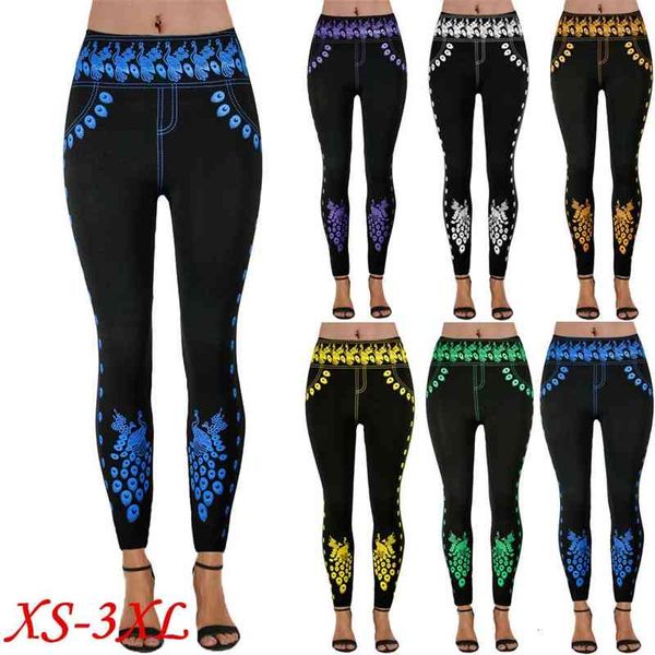 

women's jeans printed high waist super stretch capris 7e8c, Blue