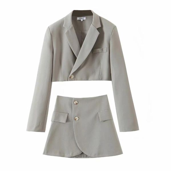 

two piece dress fall 2021 women suit skirt fashion solid color slim long sleeve ladies short jacket blazer elegant high waist mini gray, White