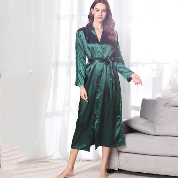 

women's sleepwear pajamas simulation silk robe, lace long robe and bathrobe, pure color casual comfortable home wear, Black;red