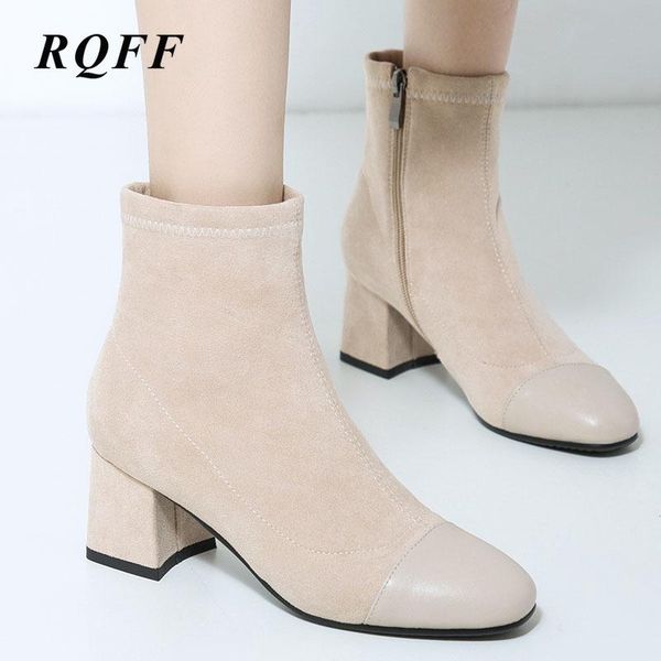 

boots plus big size autumn winter ankle for women fashion square toe block high heel shoes woman solid beige black flock boot 43