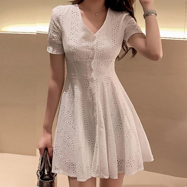 

solid women dress embroidery v neck hollow out summer elegant causal short sleeve white chic high waist vestido, Black;gray