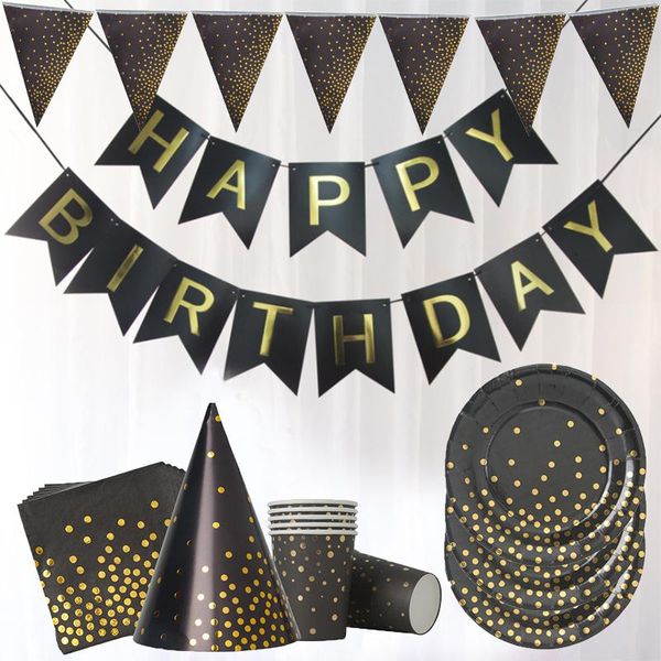 Stoviglie usa e getta Accessori per decorazioni per feste in oro nero Bicchieri di carta Piatti Forniture per matrimoni Compleanno Palloncini Ragazza Ragazzo